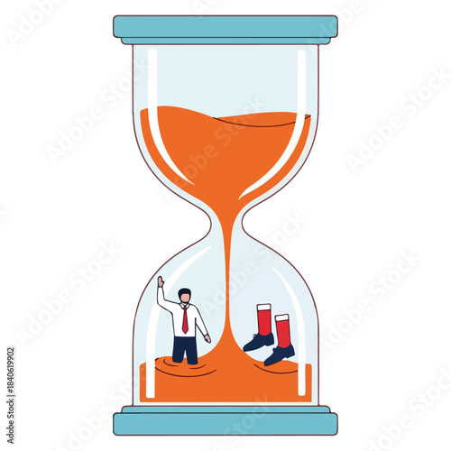 Businessman Drowning in Sand of Hourglass Symbolizing Time Pressure.