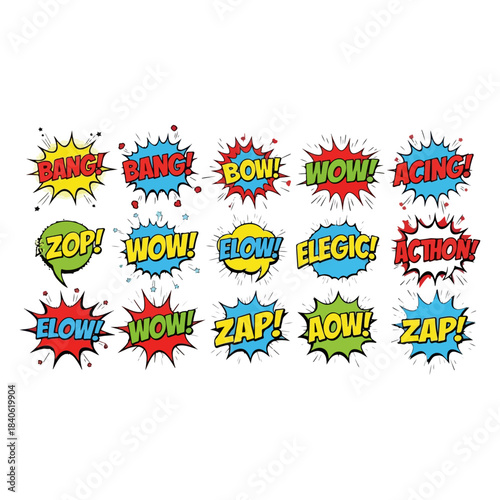 Collection of Comic Book Style Sound Effect Words and Explosions.