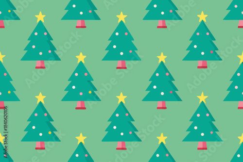 A festive pattern of cartoon christmas trees on a green background