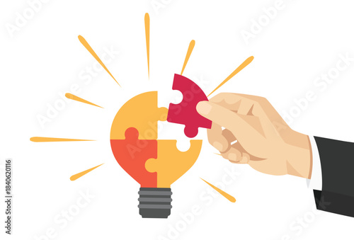 Business hand placing puzzle piece into yellow light bulb. Creativity, innovation, teamwork, problem solving and new ideas. Vector illustration isolated