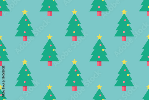 Christmas tree pattern with green trees and yellow stars on blue background