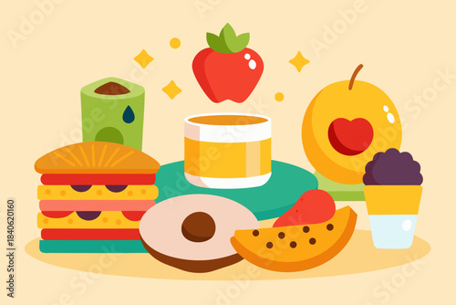 Colorful illustration of various sweet and savory food items