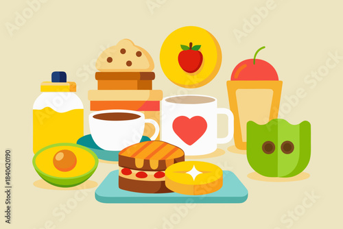 Colorful illustration of a breakfast spread with food and drinks on a tray