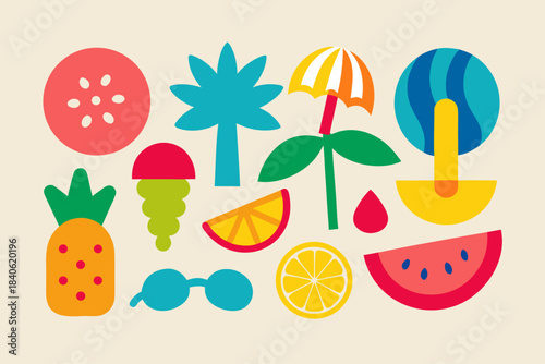 Bright summer icons featuring tropical fruits beach accessories and plants