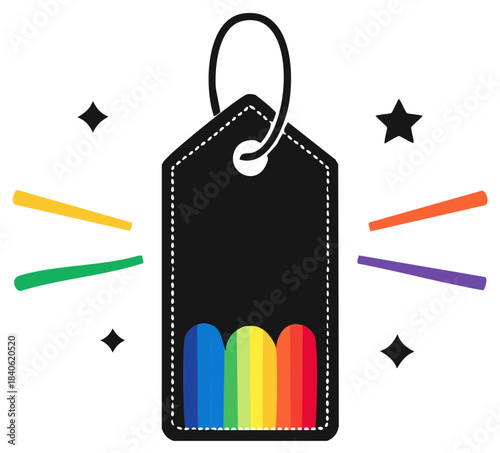 Bold price tag showcasing a vibrant rainbow design with dazzling stars for shopping and promotional deals