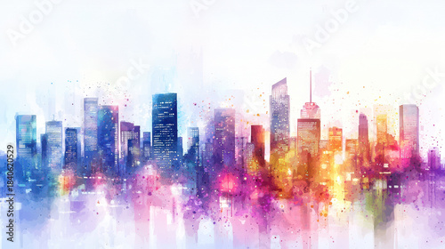 Vibrant watercolor illustration of city skyline, showcasing colorful buildings and dreamy atmosphere. artwork captures essence of urban life with