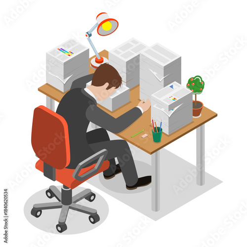 3D Isometric Flat Vector Illustration of Exhausted and Sleepy People, Fatigue and Drowsiness. Item 6