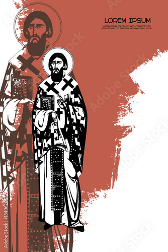 Religious vintage poster template with Saint Sava Serbian. Christian illustration in Byzantine style