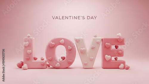 Love's Embrace: a visually charming, stylized composition celebrates the spirit of Valentine's Day. Featuring the word LOVE sculpted with loving decorations in soft pink hues and heart shapes.Pink val