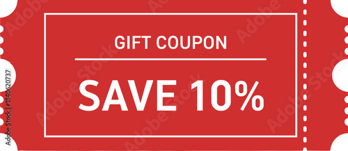 Red gift coupon ticket design offering ten percent discount, promotional voucher layout, special sale savings tag, retail marketing discount element