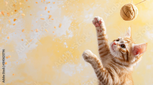 Playful orange tabby cat reaching for ball of yarn against soft yellow background, capturing moment of joy and curiosity
