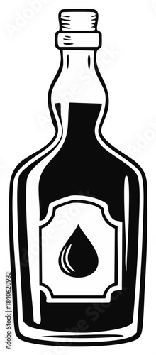 Monochrome Bottle Vector Art with Liquid and Label for Beverages or Medicines