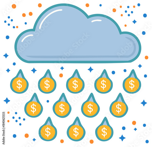 Cloud raining money drops with dollar signs vector illustration of financial success