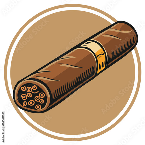 Detailed illustration of a classic hand-rolled cigar with a decorative band within a circular frame