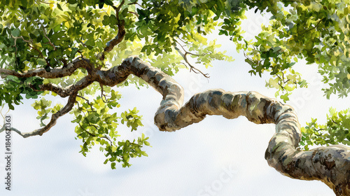 Beautiful watercolor painting of tree branch with lush green leaves, showcasing intricate details of nature beauty