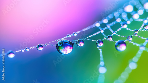 Delicate water droplets glisten on spider web, creating mesmerizing display of colors against blurred background