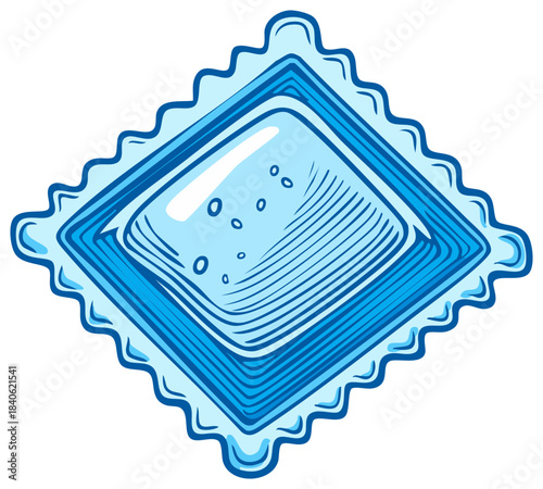 Stylized Blue Square Ravioli with Air Bubbles Cartoon Illustration Graphic Design