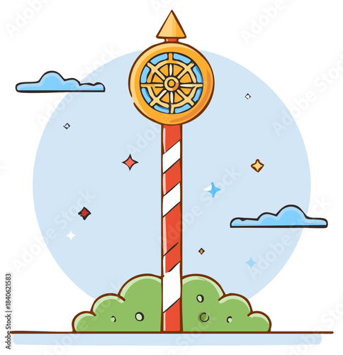 Buddhist Dharmachakra Symbol on a Tall Pillar Cartoon Vector Illustration