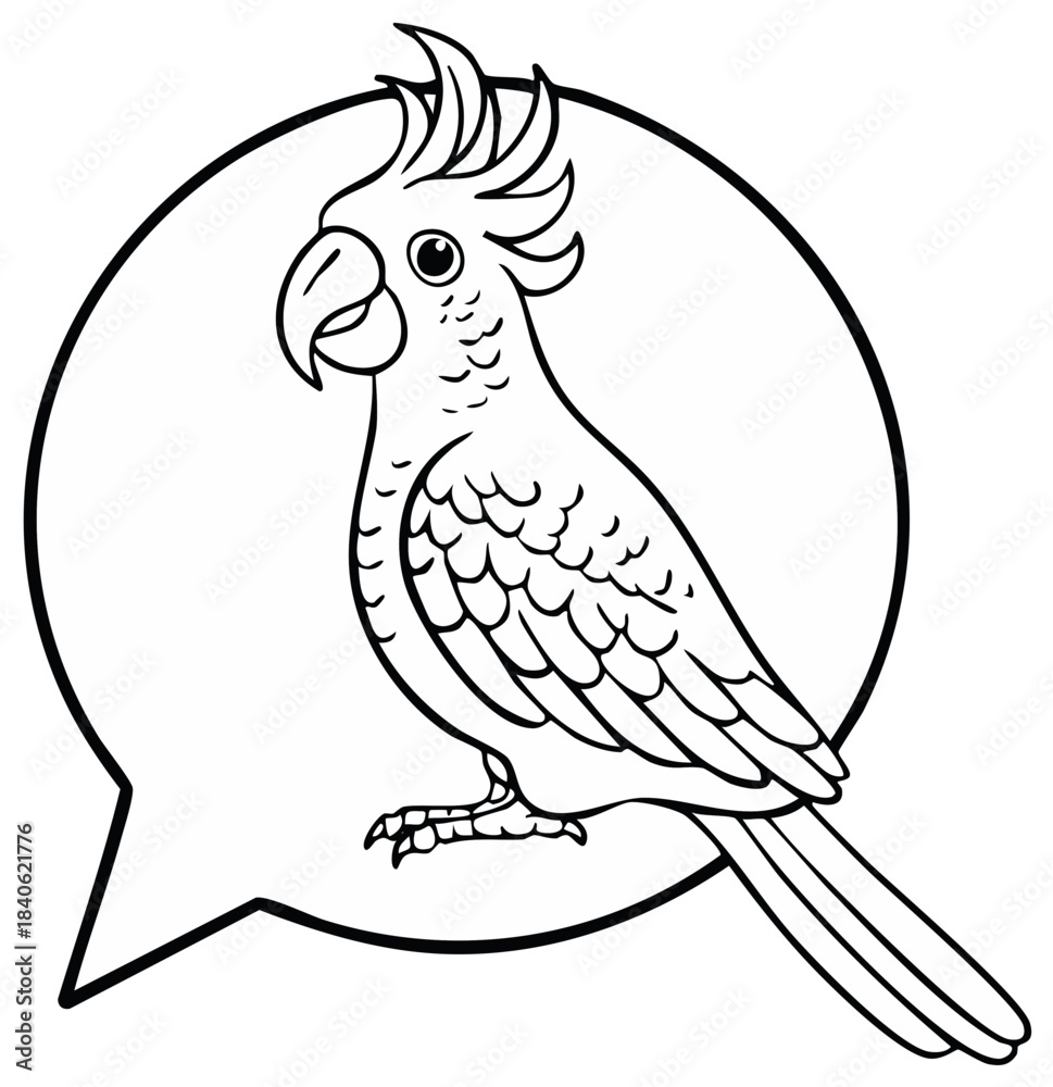Fototapeta premium Adorable black and white cockatoo parrot illustration with crest inside a blank speech bubble for communication