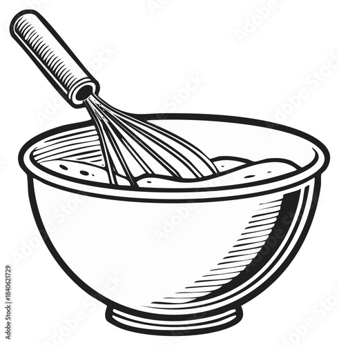 Black and white line art illustration of a whisk mixing batter in a classic kitchen bowl