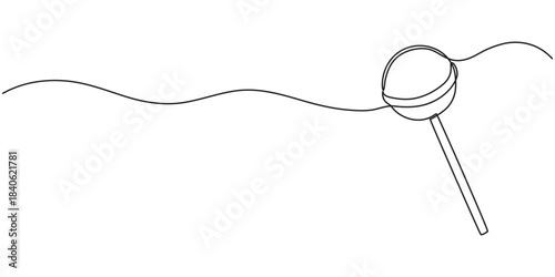 Continuous line drawing of lollipop, spiral hard sugar candy on stick. Vector sketch of round caramel with striped swirls in one black contour isolated on white background, One line Lollypop. Simple