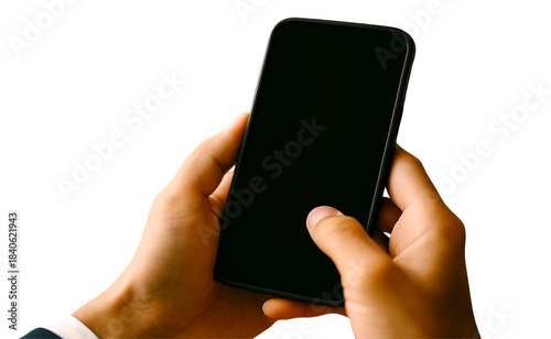 Close up shot of hands holding a modern black smartphone with a blank screen and one finger ready to tap isolated on white background