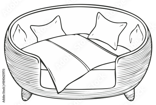 Cozy pet bed illustration with pillows and blanket for a resting animal