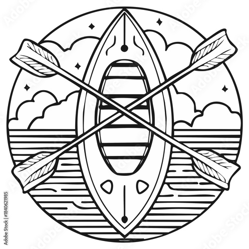 Simple Line Art Rowing Boat with Oars on Water surrounded by Clouds under Stars in a Circle Design