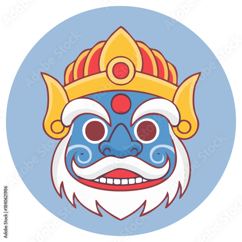 Stylized traditional mask with blue face, white whiskers, and ornate golden crown