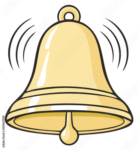 Vibrating golden bell icon ringing with sound waves, a lively cartoon illustration for alerts and announcements.