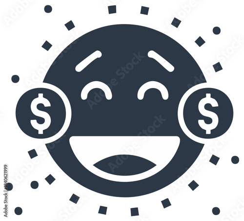 Happy emoji with dollar sign coins on cheeks laughing about money and success