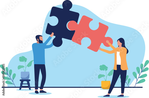 Business puzzle - Two businesspeople working together solving problem and finding solution putting puzzle pieces together. Completion, collaboration and connection concept in flat design vector
