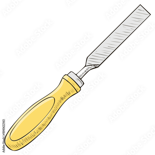 Hand drawn illustration of a wood chisel with a yellow handle for carpentry
