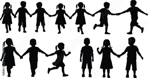 Silhouette collection of children holding hands and playing, boys and girls walking and running together, kid friendship teamwork illustration vector