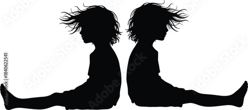Identical Twin Child Silhouettes Sitting Back-to-Back, Mirror Image of Girl with Flowing Hair, Childhood, Mental Health, or Identity Concept