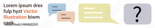 Communication, questions, dialogue, messaging, brainstorming, online chat. Multiple speech bubbles in various colors alongside a gray square with a question mark. Communication and questions concept