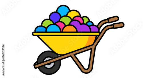 Colorful Spheres Fill Wheelbarrow Representing Variety and Abundance in Cartoons