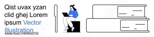 Education, e-learning, knowledge, remote work, technology, study habits. Woman sitting with a laptop beside stacked books. Education and e-learning visualization