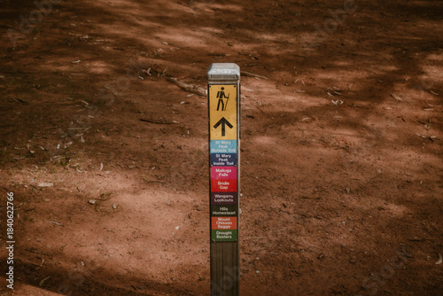 A wooden post with colored pictures showing different walking routes in Wilpena Pound outdoor at daytime in Ikara-Flinders Ranges National Park in the Australian outback.
