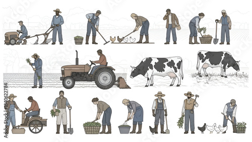 Working on the Farm | Men and Women Farmers CAD Line Drawing Set