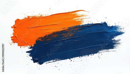 Blue and orange brush strokes on white background. Dynamic paint smears create abstract artistic texture. Vibrant colours blend in fluid motion. Modern art design element. Isolated on white.