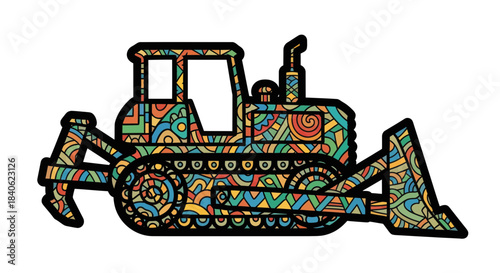 Colorful Bulldozer Illustration With a Complex Pattern on White Background Graphic Design