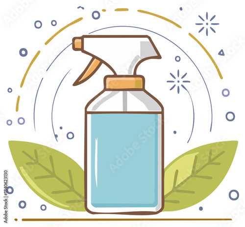 Natural Cleaning Solution Spray Bottle Doodle with Organic Leaf and Freshness Motif