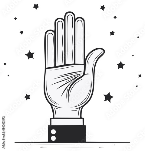 Stylized open hand gesture with palm facing forward surrounded by stars illustration