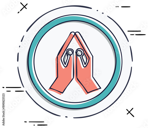 Stylized illustration of praying hands enclosed within a circular frame with decorative elements