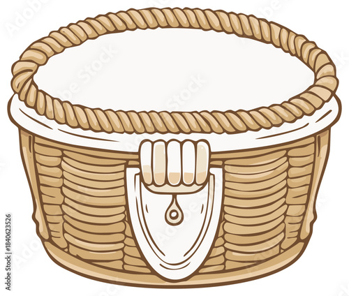 Woven Basket with Lid and Rope Handle Closed Container Picnic Hamper Vector Illustration