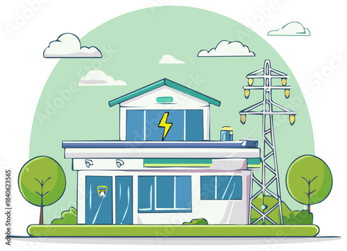 Modern power station building with electrical transmission tower and trees under cloudy sky