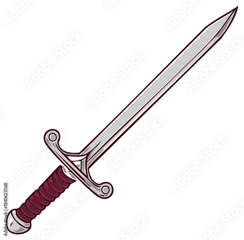 Medieval Sword Isolated, Flat Vector Style Illustration, Classic Arming Sword with Detailed Hilt and Sharp Steel Blade, Ancient Weaponry, Historical Metal Swords