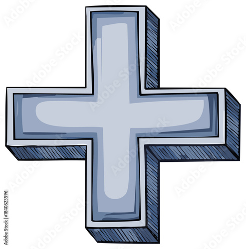 Hand-drawn blue cross illustration with shading and 3D effect for symbol usage