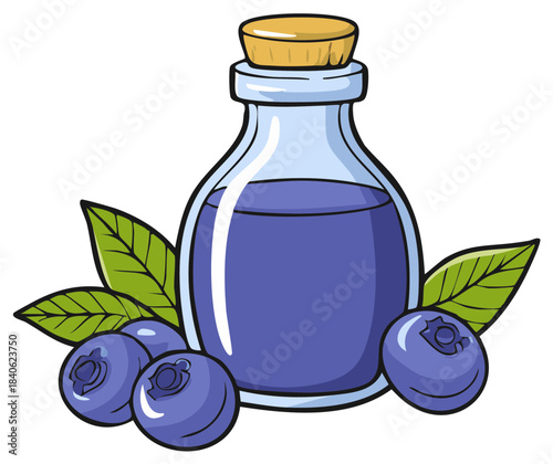 Glass bottle of blueberry essential oil or juice with fresh berries and leaves cartoon illustration